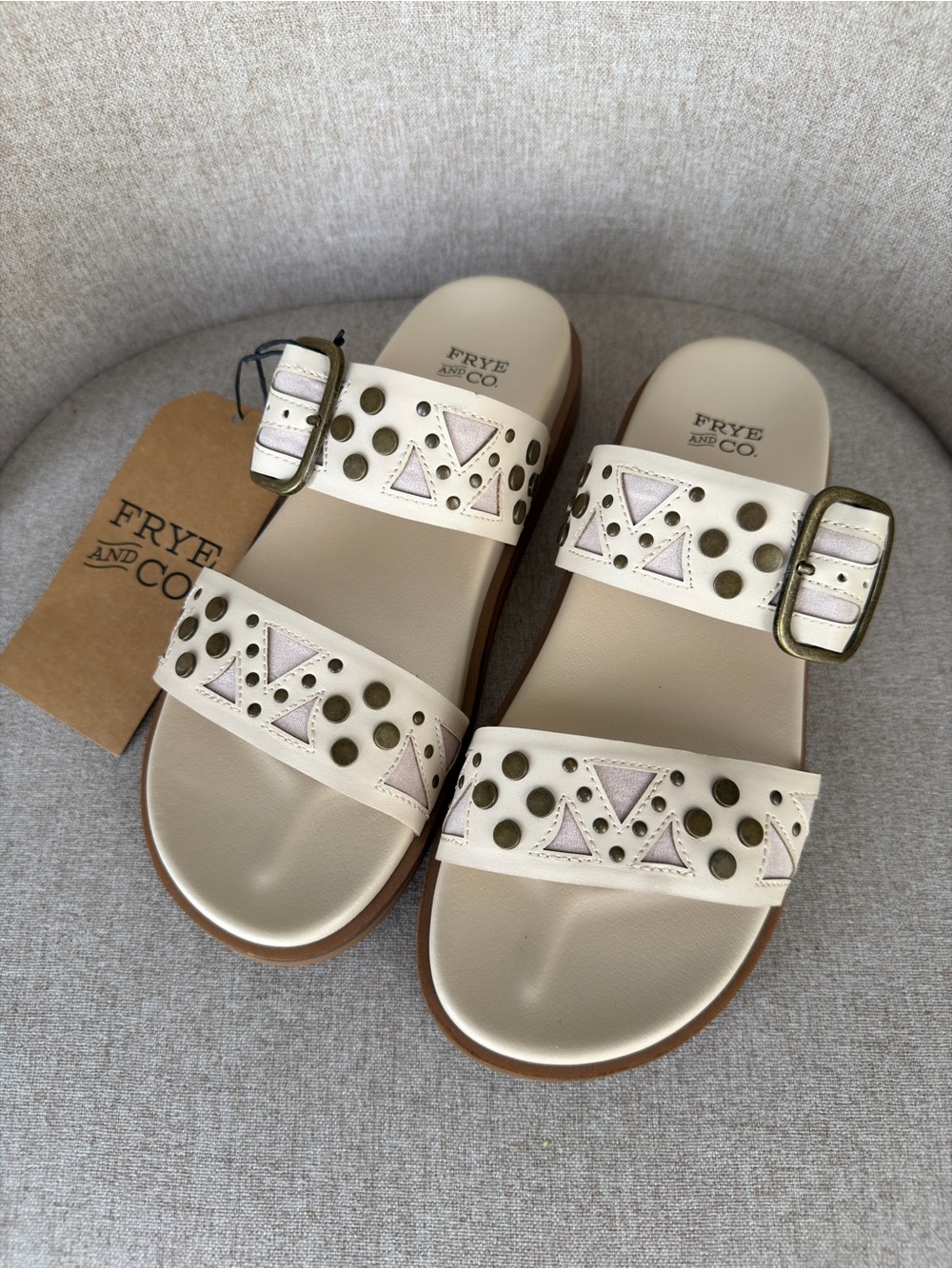 FRYE AND CO. Cream Double-Strap Studded Slide Sandals NWT